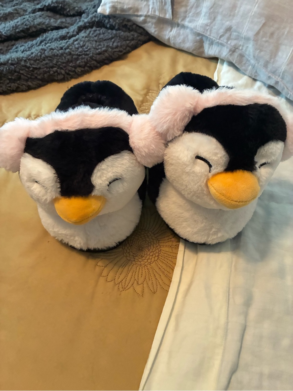 Plush Penguin Women's Slippers with Pink Earmuffs